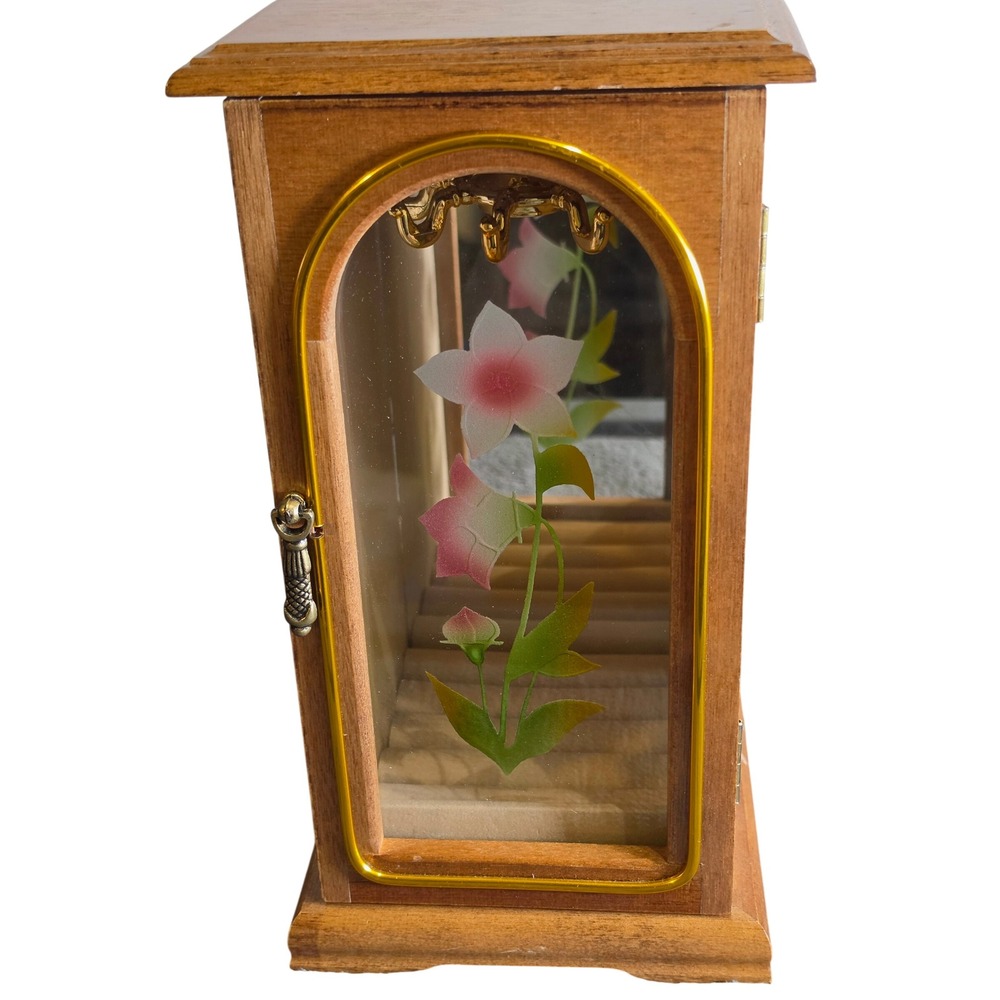 Vintage Caprice Wooden Jewelry Armoire Cabinet Floral Glass Mirror Carousel